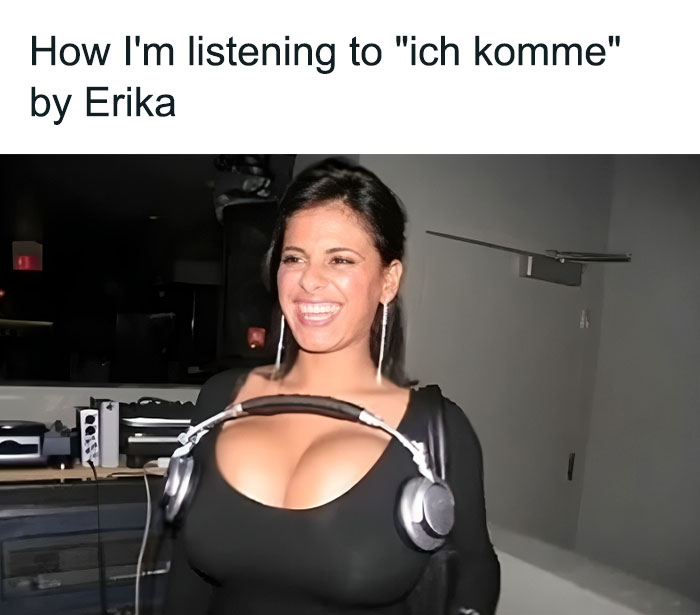 Woman smiling and wearing headphones around her neck, humorously illustrating 2025 Eurovision Song Contest memes.