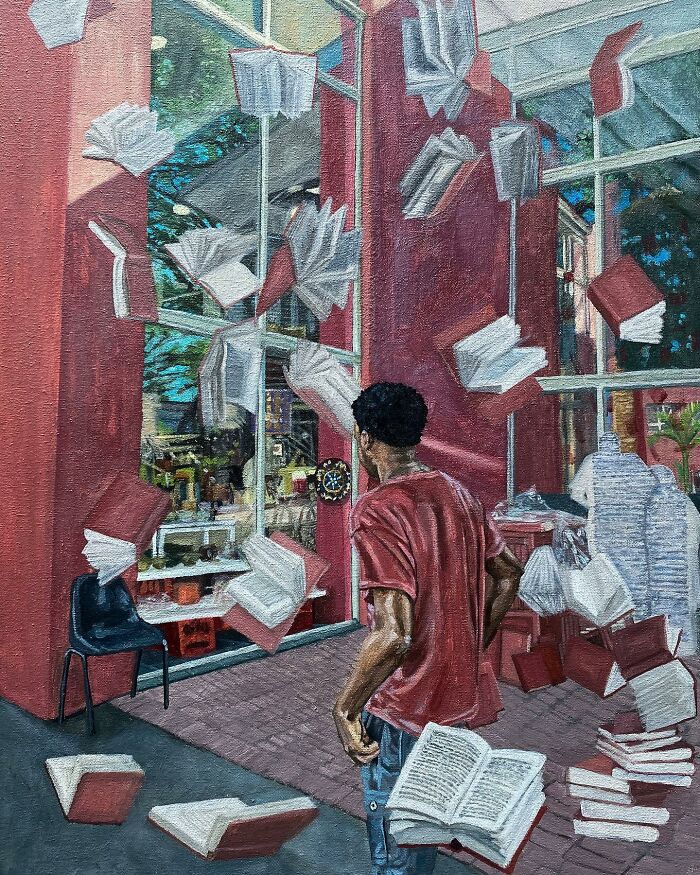 Painting showing a man surrounded by floating books in a colorful space, exploring identity and the explanation of colours.