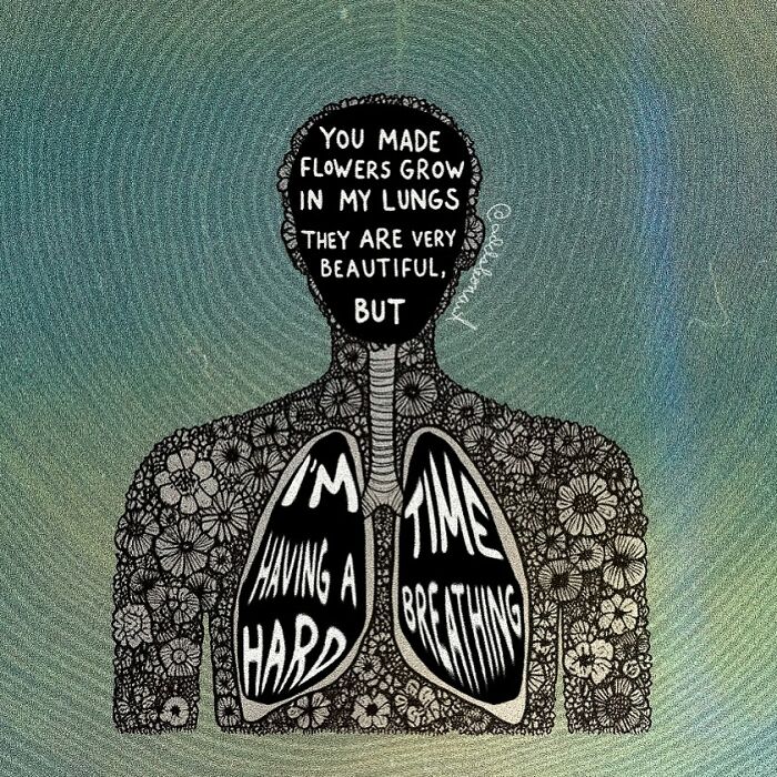 Silhouette filled with flowers and lungs containing text, representing vulnerable thoughts through art therapy illustration.