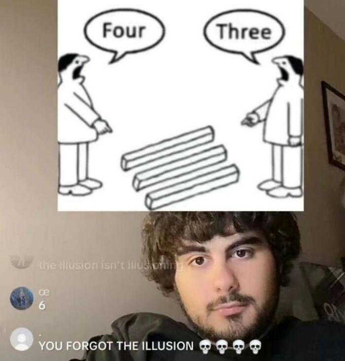 Man reacting to chaotic meme with optical illusion counting sticks, highlighting chaotic memes humor for when life feels boring.