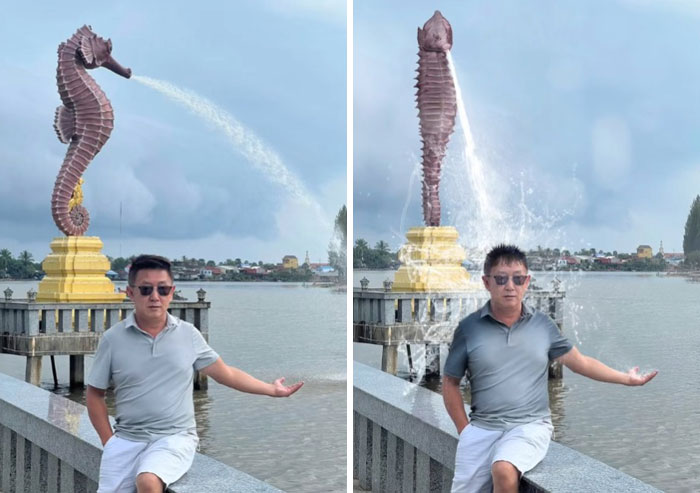 Man posing by a seahorse statue edited in Photoshop to spray water directly on him in a literal photo request edit.