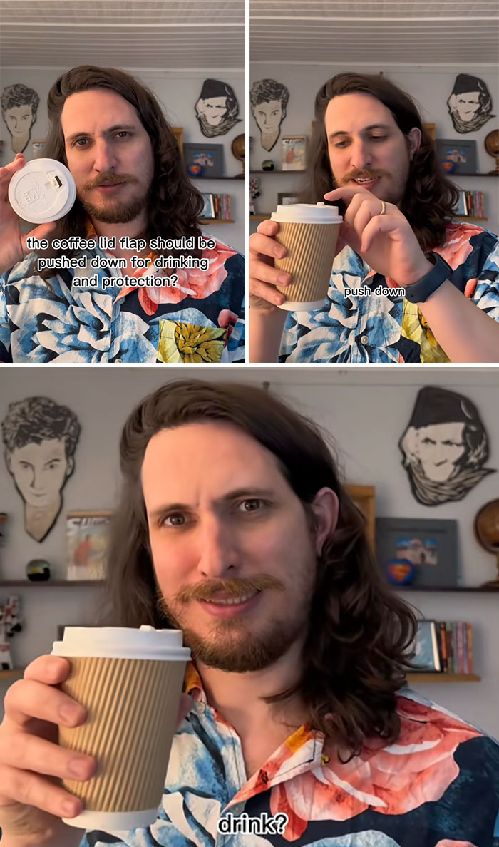 Man explaining coffee lid flap usage for drinking and protection, sharing tips you may want to know in your 30s.