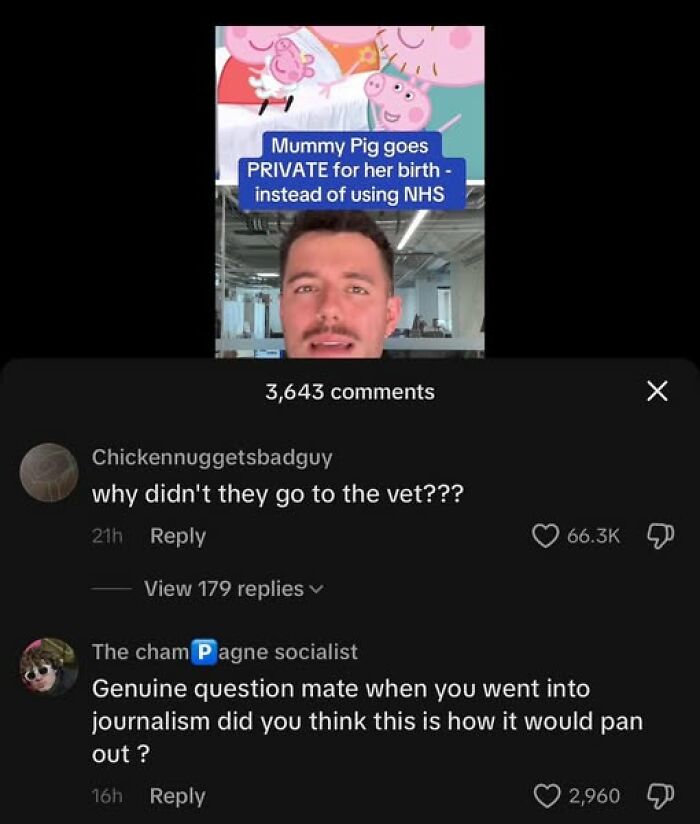 Screenshot of a comedic British social media post with humorous comments about a private birth choice.