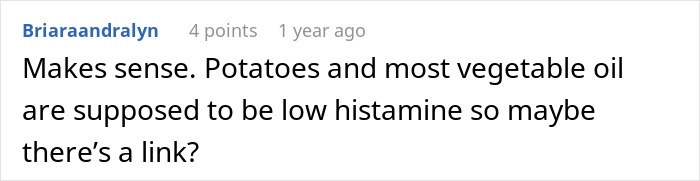 Screenshot of a comment discussing the potential link between potatoes, vegetable oil, and treating a migraine with French fries and Diet Coke.