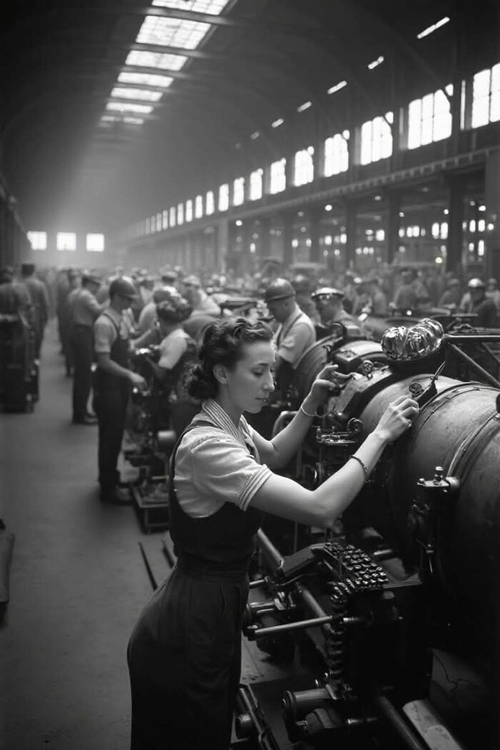 Woman operating industrial machinery in a busy factory, illustrating unusual and wonderful historical facts about real events.