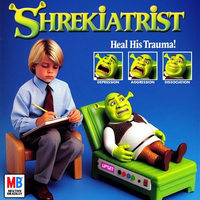 Child role-playing as therapist with a dark Shrek toy on a couch labeled with emotions, a dark toy concept artwork.