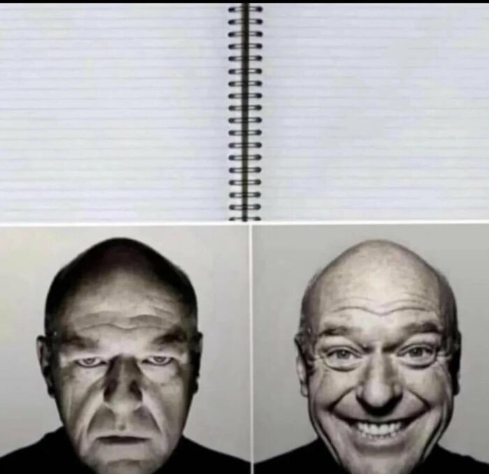 Blank spiral notebook above two black and white photos showing chaotic memes with serious and happy faces.