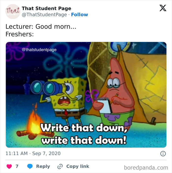 SpongeBob and Patrick representing students frantically taking notes, relatable meme for students in a classroom setting.