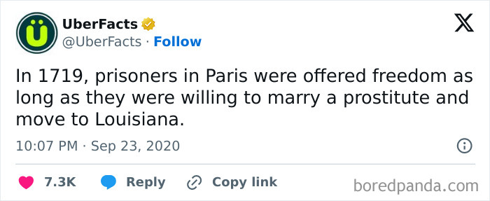 Tweet from UberFacts about prisoners in Paris offered freedom if they marry a prostitute and move to Louisiana, illustrating main character moments.