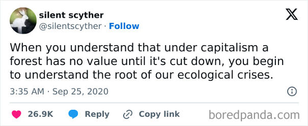Tweet by silent scyther explaining how capitalism treats nature as worthless until exploited, highlighting ecological crisis roots.