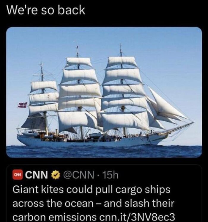 Sailing ship with white sails on the ocean alongside a humorous meme about chaotic memes and life boredom.