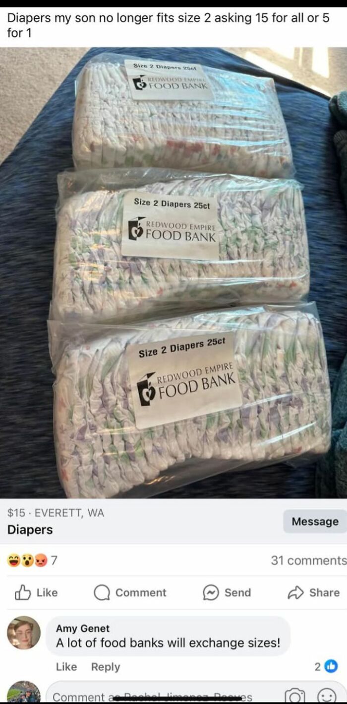Three packs of size 2 diapers from a food bank listed for sale on Facebook Marketplace among wildest things found.