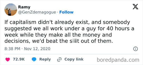 Tweet expressing strong anti-capitalism views about work and power dynamics, highlighting criticism of capitalism.