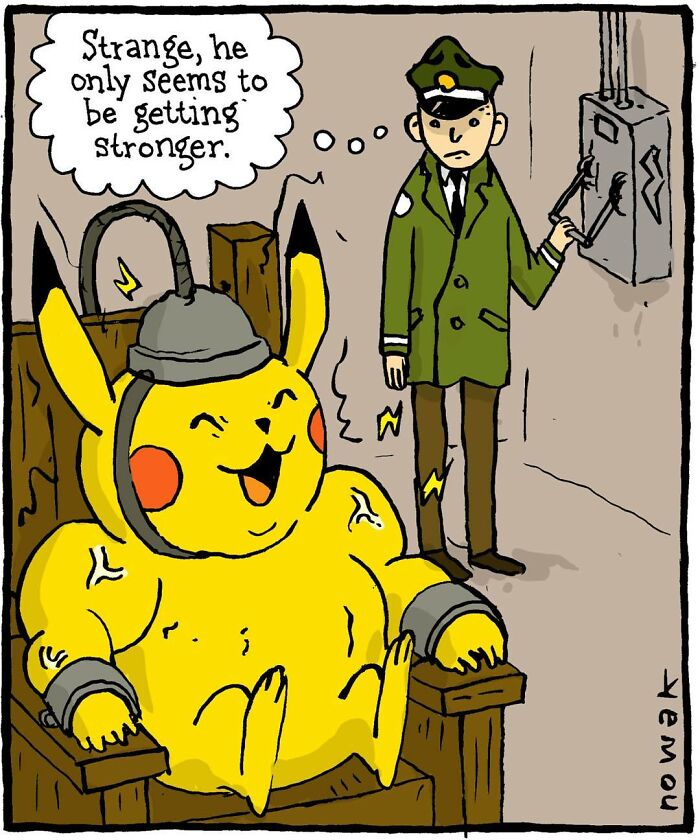 Cartoon showing absurd comic with a muscular Pikachu strapped to a chair and a man flipping a switch humorously.