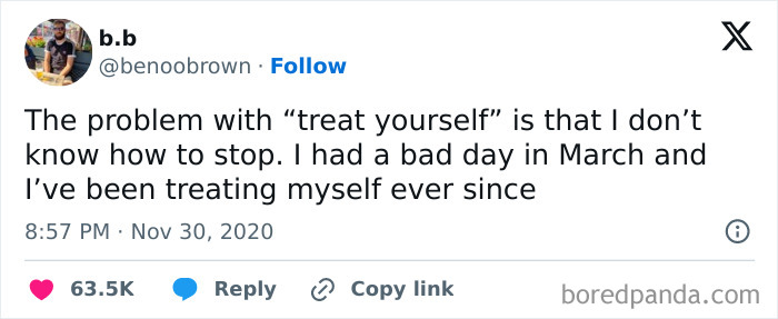 Tweet text about treating yourself humorously, illustrating relatable sarcasm meme about coping with bad days since March.