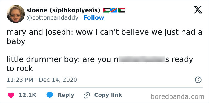 Tweet with a hilariously random caption about Mary, Joseph, and the little drummer boy ready to rock, part of fun posts.