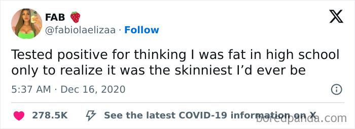 Tweet from user FAB about body image struggles in high school, relevant to relatable memes about women struggles.
