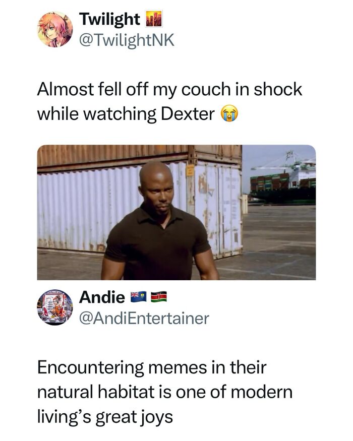 Tweet about nearly falling off a couch while watching Dexter paired with a meme, highlighting funny random memes.
