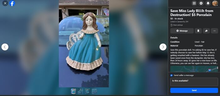 Porcelain doll with a blue dress and brown hair listed for sale on Facebook Marketplace among wildest finds.