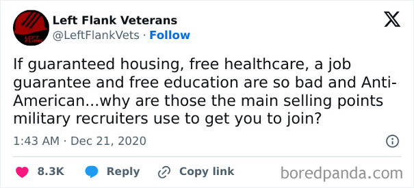 Tweet from Left Flank Veterans questioning why guaranteed housing and free healthcare are seen as bad in anti capitalism posts.