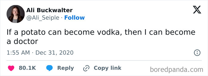 Tweet about becoming a doctor humorously compared to a potato becoming vodka, related to medical school memes.