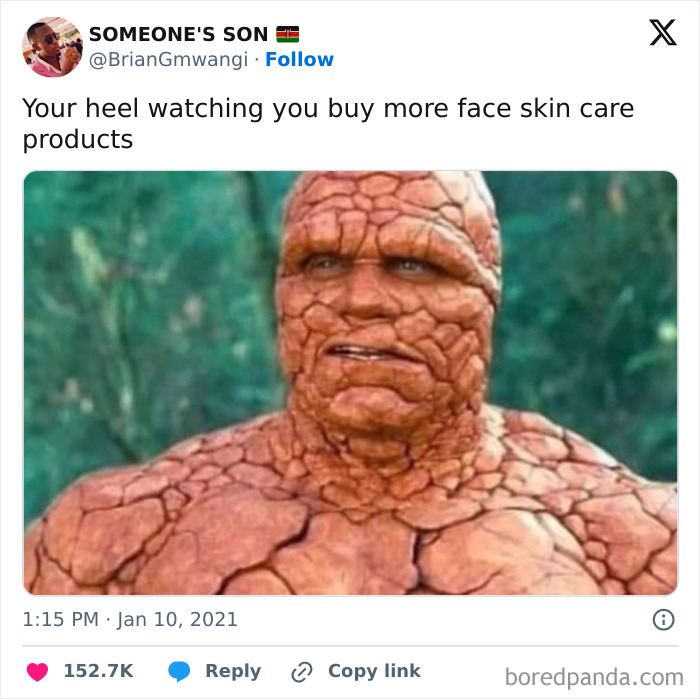 Instagram post showing a funny parenting meme with a c*****d face character humorously relating to skincare products.