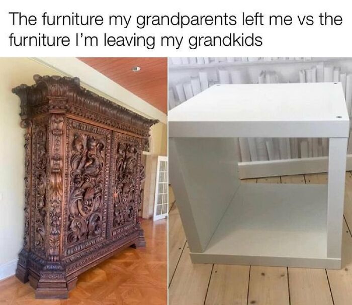 Comparison of ornate vintage furniture versus modern minimalist white shelf in chaotic memes for when life gets boring.