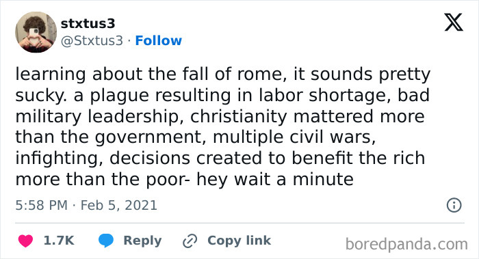 Tweet about the fall of Rome highlighting facepalm moments that show common sense isn’t that common.