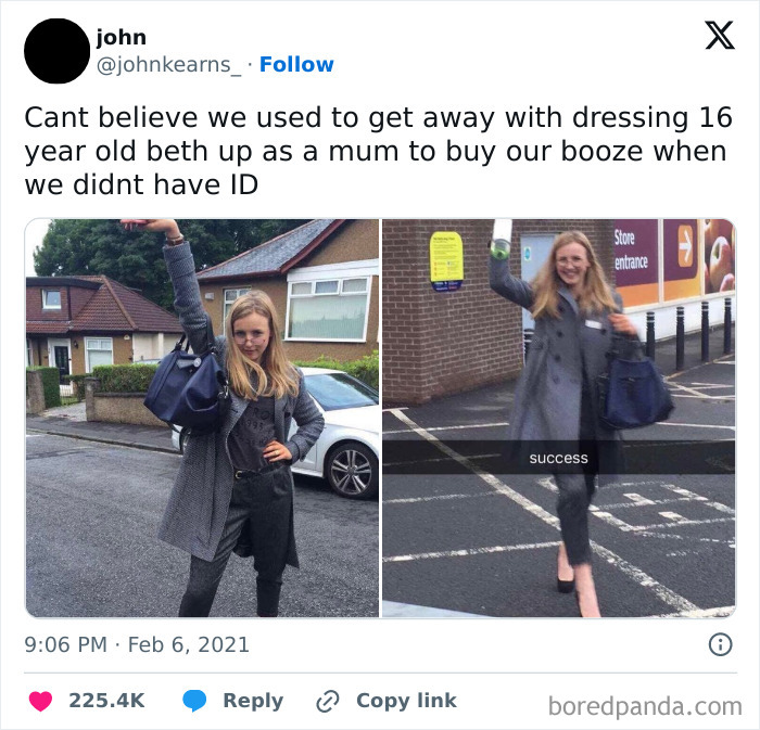 Teen girl in coat posing and celebrating outside UK store, a funny British meme about buying alcohol without ID.
