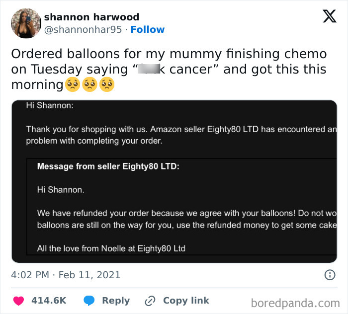 Screenshot of an online message about a balloon order, showing a refund and supportive seller response.