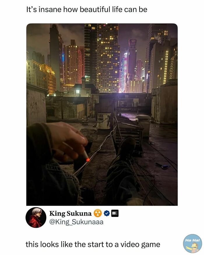 Person holding a lit cigarette on a rooftop at night with city lights, mocking posts jokes memes about urban life.