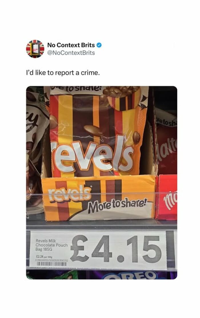 Tweet from No Context Brits showing a Revels chocolate pouch priced at £4.15, illustrating British humor and comedians.