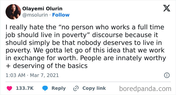Tweet expressing strong anti-capitalism views on poverty and the worthiness of people deserving basic needs.