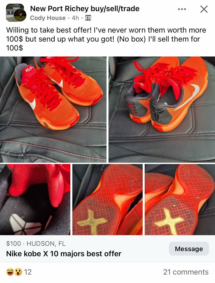 Orange Nike Kobe X 10 basketball shoes listed for sale on Facebook Marketplace in Hudson, Florida.