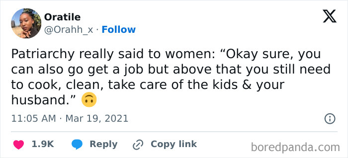 Tweet highlighting sexist views on women's roles, reflecting behavior of men that are so sexist they shouldn't be near women.