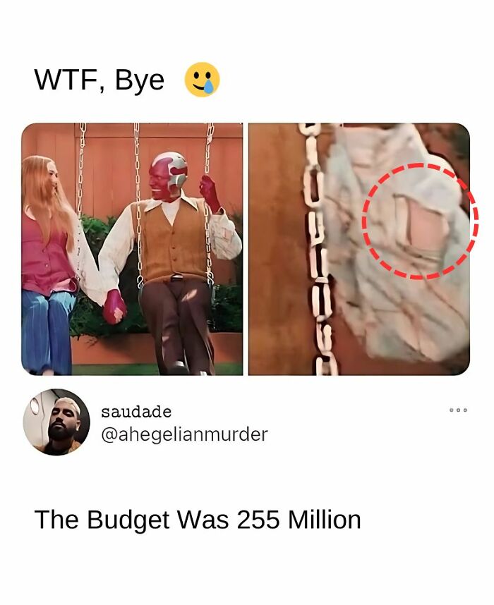 Funny random meme showing a crying emoji with two characters on a swing and a costume wardrobe mistake highlighted.