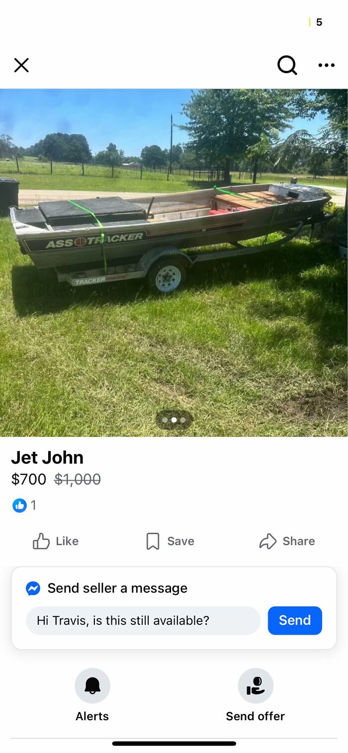 Used fishing boat with humorous name for sale on Facebook Marketplace, one of the wildest things found online.