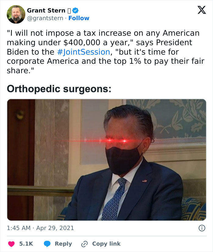 Tweet showing a man in a suit with glowing red eyes, captioned orthopedic surgeons, illustrating medical school memes.