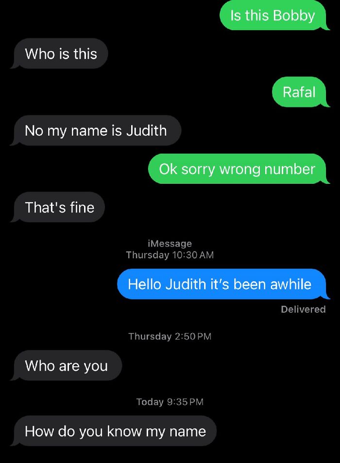 Text message conversation showing mistaken identity and confused replies, illustrating chaotic memes for when life gets boring.