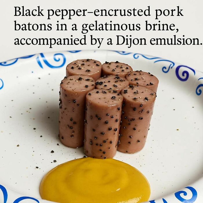 Black pepper-encrusted pork batons in gelatinous brine with Dijon emulsion, illustrating relatable hospitality work humor.