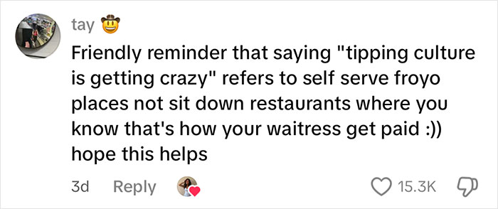 Comment explaining tipping culture and how waitresses get paid, highlighting waitress upset after reviewing her tips.