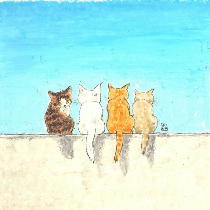 Adorable artwork for cat lovers showing four colorful cats sitting side by side against a bright blue sky background