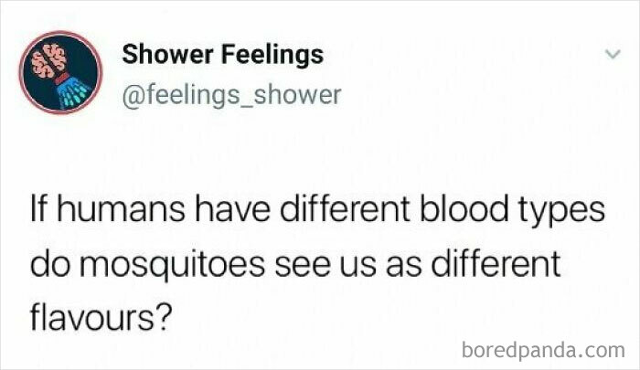 Text post from Shower Feelings account questioning if mosquitoes perceive humans as different flavors due to varying blood types, a shower brain thought.