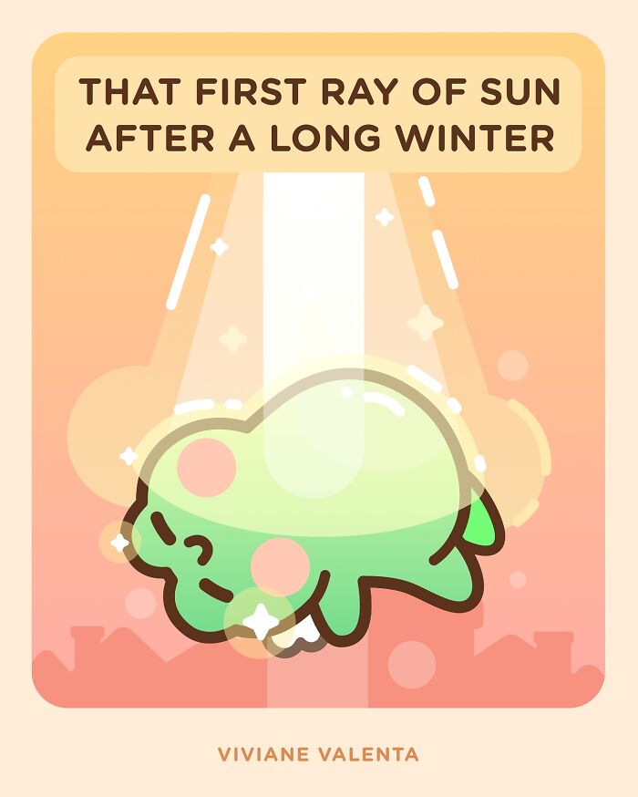 Cute frog illustration basking in the first ray of sun, part of food puns and frog art by Viviane Valenta.