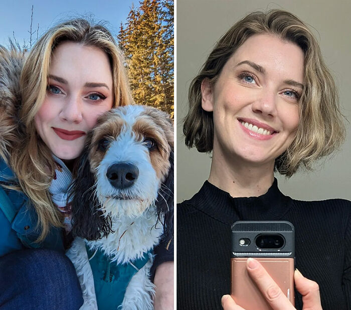 Side-by-side photos of a woman showing her gorgeous hair transformations with different hairstyles and lengths.