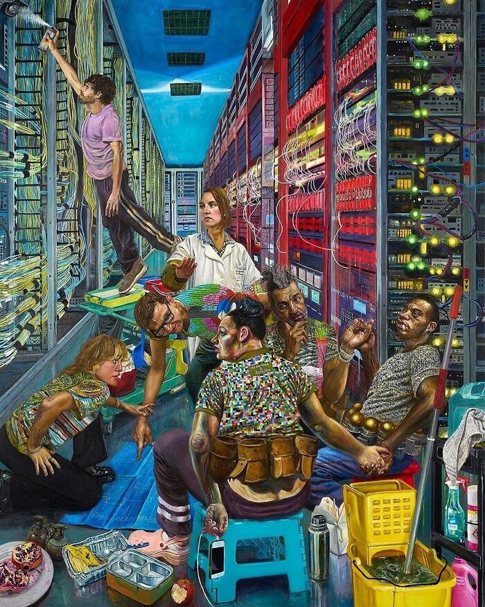 Colorful illustration depicting social tensions and contradictions among diverse people inside a high-tech server room.