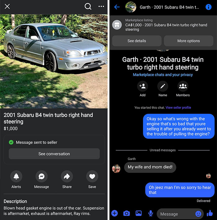 Used 2001 Subaru B4 twin turbo right hand steering car listed for sale on Facebook Marketplace with seller chat.