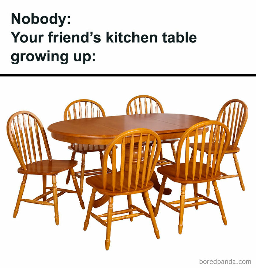 Memes about growing kitchen tables humorously capturing moments before a full meltdown due to inconvenience.