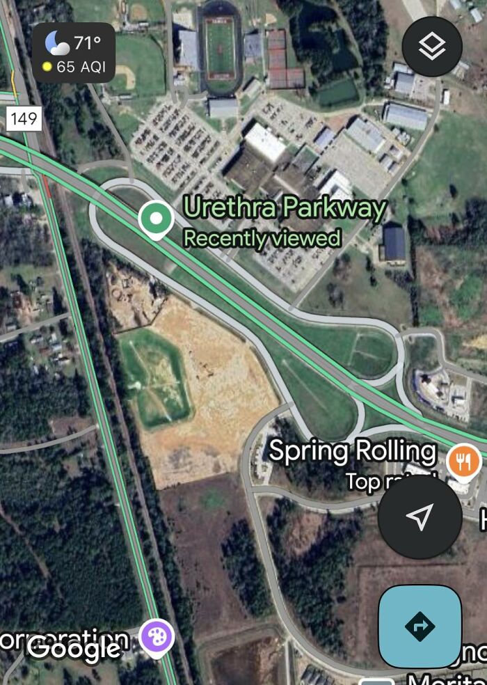 Aerial view of Urethra Parkway and surrounding area, an odd place spotted on Google Earth worth sharing.