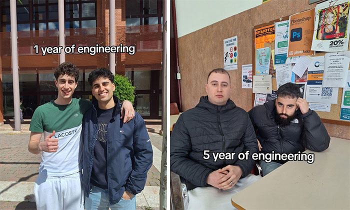 Before and after pics of engineering students showing the real struggle after 1 year and 5 years of engineering studies.